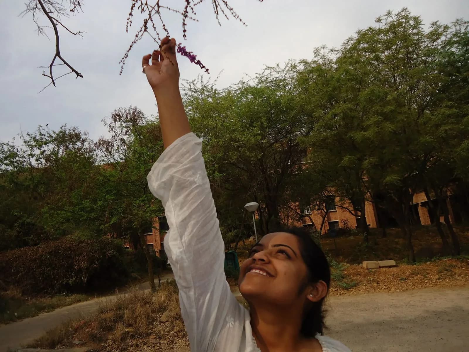 Reaching up for a sprig of flowers on the JNU campus.