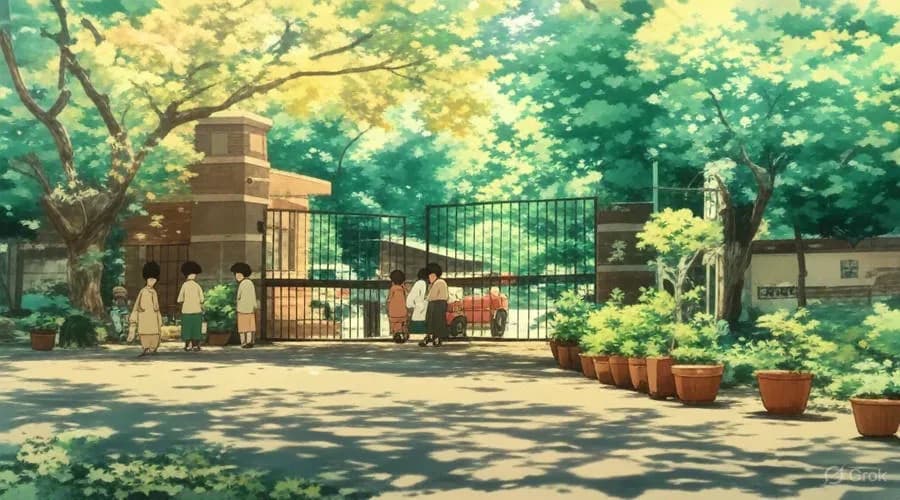 JNU campus gates rendered in the visual language of Studio Ghibli — a slow green afternoon, students walking toward the gate, terracotta planters along the path.